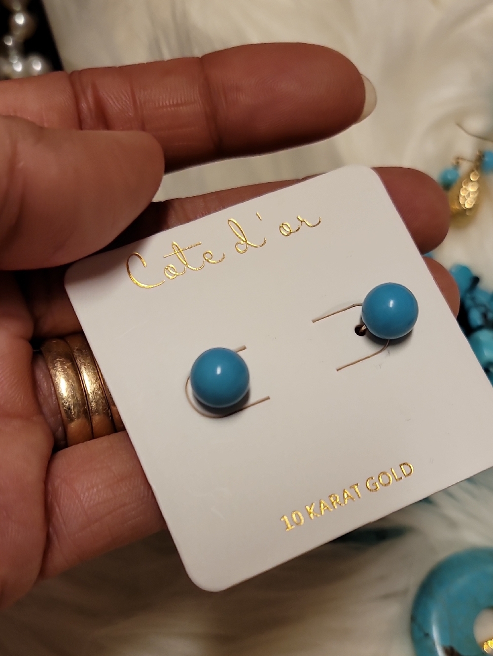 10k Blue Turquoise Ball Stud Earrings - 10 Karat Gold - Picture 3 of 3